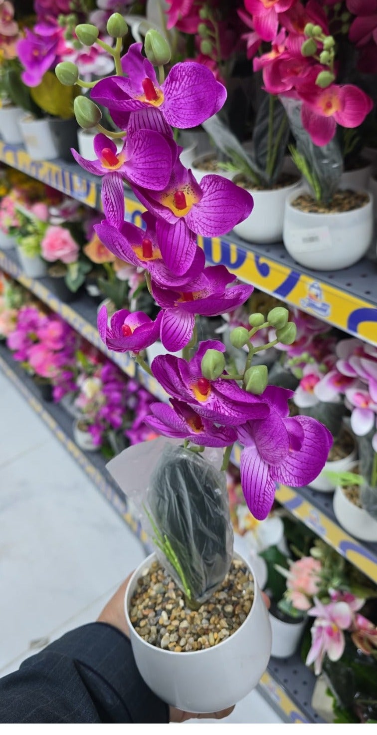 Artificial orchid flowers, natural-looking plastic display stand, artificial plant in a pot, home decor, artificial flower pot, vibrant centerpieces for the table